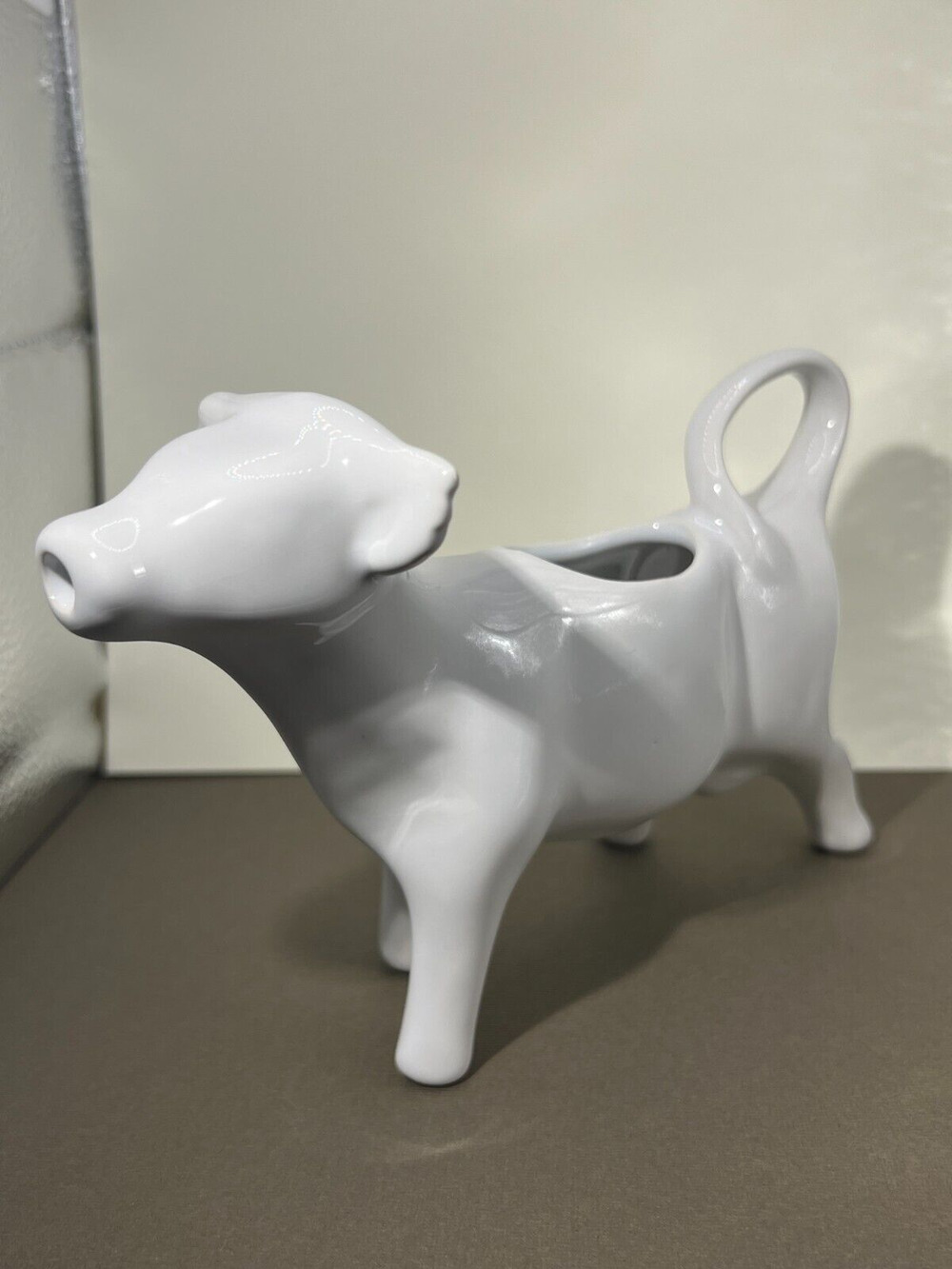 White Ceramic Porcelain Cow Shaped Milk Cream Pitcher 7.5" long x 4.75" tall